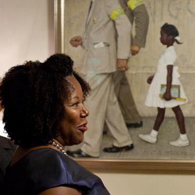 partial Norman Rockwell painting of Ruby Bridges with Ms. Bridges posing