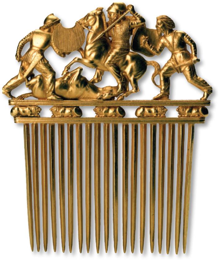 The Scythians, who were known as great horsemen and warriors, are portrayed on this gold comb, found in Ukraine and dating to the late 5th to early 4th century B.C..jpg